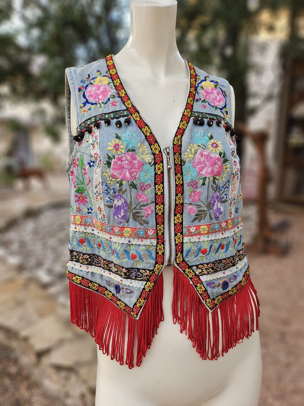 Jou Jou Embroidered Floral Fringe Vest in Light Blue with Red Trim